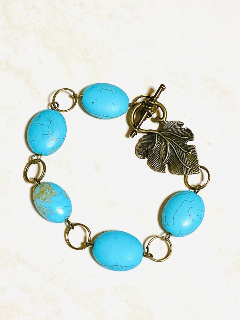 2/$20, Blue Dyed Howlite Bracelet, Genuine Gemstone & Bronze Grape Leaf Toggle